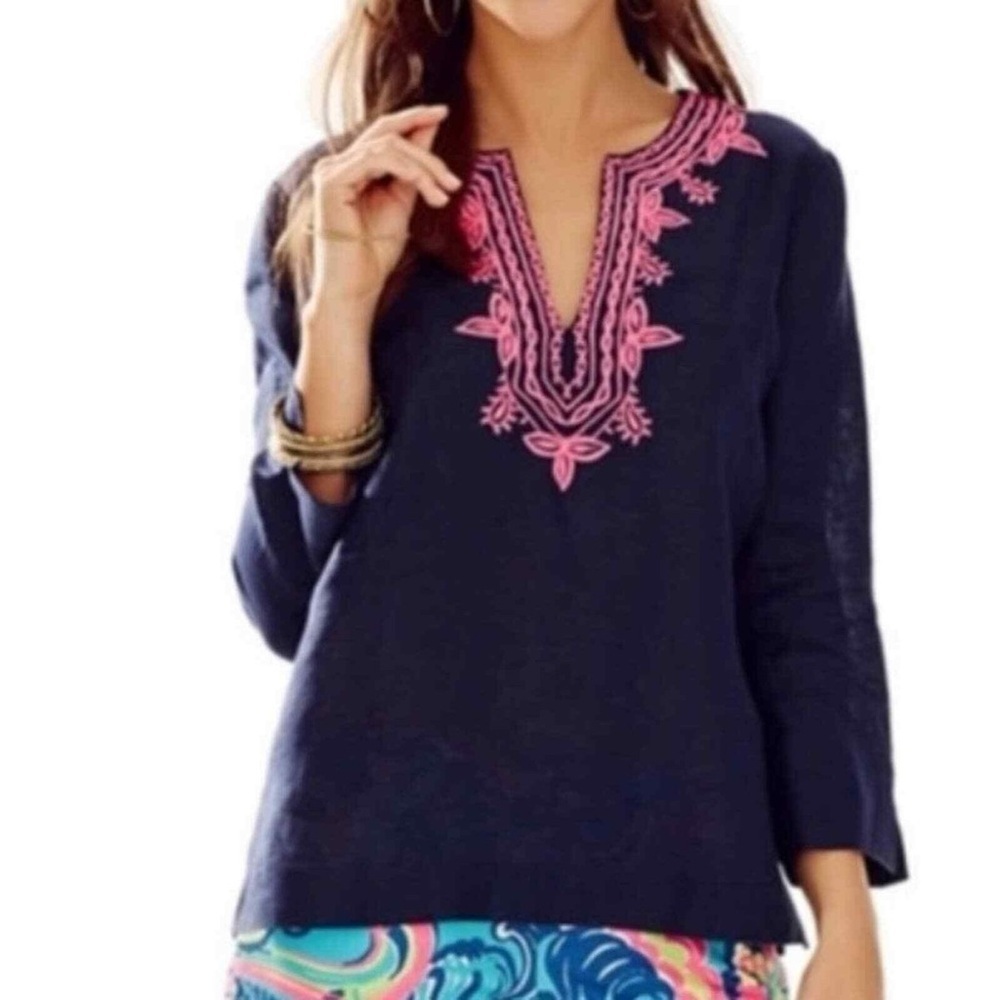 Lilly Pulitzer Navy Top with Pink Embroidery| Amelia Island Linen Top|
